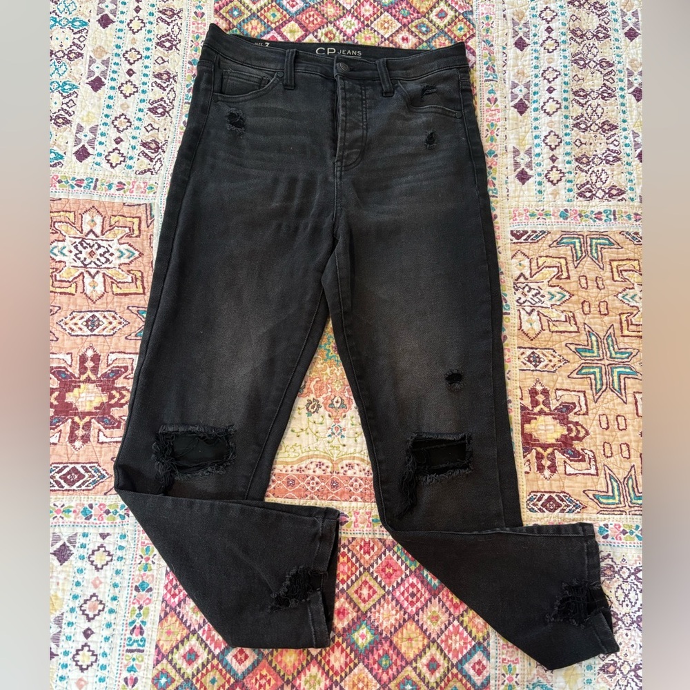 Black High Rise Straight Leg Distressed Denim Jeans